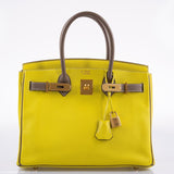 Hermes HSS Birkin 30 Lime & Etoupe Chevre with Gold Hardware - 2013, Q Square