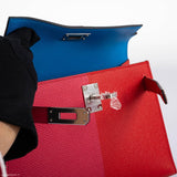 Hermes Kelly 20 Mini II Sellier Tricolore Rose Extreme, Rouge de Coeur, Bleu Zanzibar Epsom Palladium - 2021, Z
