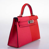 Hermes Kelly 20 Mini II Sellier Tricolore Rose Extreme, Rouge de Coeur, Bleu Zanzibar Epsom Palladium - 2021, Z