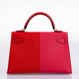 Hermes Kelly 20 Mini II Sellier Tricolore Rose Extreme, Rouge de Coeur, Bleu Zanzibar Epsom Palladium - 2021, Z
