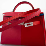 Hermes Kelly 20 Mini II Sellier Tricolore Rose Extreme, Rouge de Coeur, Bleu Zanzibar Epsom Palladium - 2021, Z