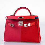 Hermes Kelly 20 Mini II Sellier Tricolore Rose Extreme, Rouge de Coeur, Bleu Zanzibar Epsom Palladium - 2021, Z