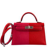 Hermes Kelly 20 Mini II Sellier Tricolore Rose Extreme, Rouge de Coeur, Bleu Zanzibar Epsom Palladium - 2021, Z