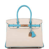 Hermes Birkin 30cm Bicolore Craie et Bleu Atoll Togo Métal Doré Rose