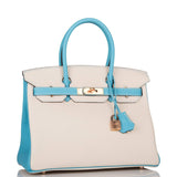 Hermes Birkin 30cm Bicolore Craie et Bleu Atoll Togo Métal Doré Rose
