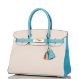 Hermes Birkin 30cm Bicolore Craie et Bleu Atoll Togo Métal Doré Rose