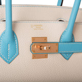 Hermes Birkin 30cm Bicolore Craie et Bleu Atoll Togo Métal Doré Rose