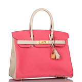 Hermès Birkin 30cm Bicolore Craie et Rose Azalée Epsom Quincaillerie Dorée Brossée