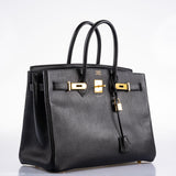 Hermès Birkin 35 Cuir Ardennes Noir Bijouterie Dorée - Carré A
