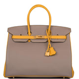 Hermès Birkin 35 Etoupe et Jaune Ambre Togo Accastillage Or Brossé