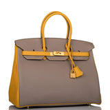 Hermès Birkin 35 Etoupe et Jaune Ambre Togo Accastillage Or Brossé