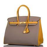 Hermès Birkin 35 Etoupe et Jaune Ambre Togo Accastillage Or Brossé