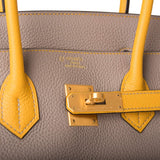Hermès Birkin 35 Etoupe et Jaune Ambre Togo Accastillage Or Brossé