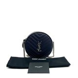 SAINT LAURENT Vinyle YSL Round Quilted Grain de Poudre Crossbody Blue