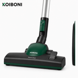 KOIBONI PowerClean X1 bagless vacuum cleaner with a sleek design, showing the vacuum head and dustbin in a modern home setting.