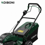KOIBONI PowerCut 23-inch 200cc auto-drive lawn mower with cutting deck and grass collection bag, ready for yard work.