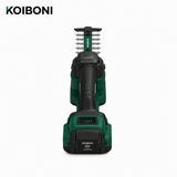 KOIBONI TrimPro 25V cordless hedge trimmer with dual blades and ergonomic handle, ready for garden trimming tasks.