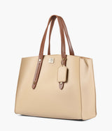 Off-white color with brown multi compartment satchel bag