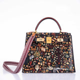 Vintage Hermes Kelly 28 Sellier Black Box Painted "Qashqai" Design with Gold Hardware