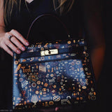 Vintage Hermes Kelly 28 Sellier Black Box Painted "Qashqai" Design with Gold Hardware