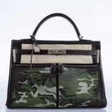 Sac vintage Hermes Kelly Lakis 35 en cuir box chocolat et toile camouflage, bijouterie palladium