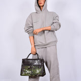 Sac vintage Hermes Kelly Lakis 35 en cuir box chocolat et toile camouflage, bijouterie palladium