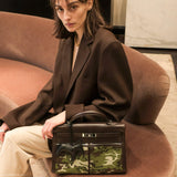 Sac vintage Hermes Kelly Lakis 35 en cuir box chocolat et toile camouflage, bijouterie palladium