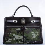 Sac vintage Hermes Kelly Lakis 35 en cuir box chocolat et toile camouflage, bijouterie palladium