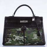 Sac vintage Hermes Kelly Lakis 35 en cuir box chocolat et toile camouflage, bijouterie palladium