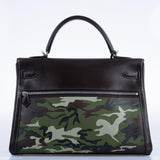 Sac vintage Hermes Kelly Lakis 35 en cuir box chocolat et toile camouflage, bijouterie palladium
