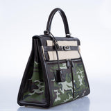 Sac vintage Hermes Kelly Lakis 35 en cuir box chocolat et toile camouflage, bijouterie palladium