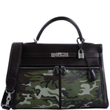 Sac vintage Hermes Kelly Lakis 35 en cuir box chocolat et toile camouflage, bijouterie palladium
