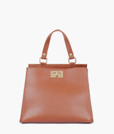 Brown front lock top-handle mini bag for women