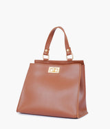 Brown front lock top-handle mini bag for women